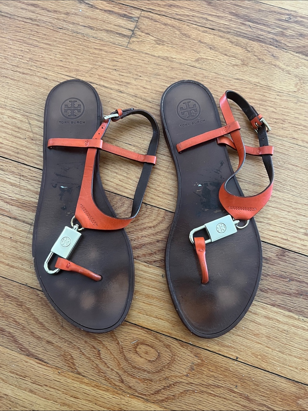 Tory Burch Orange and Brown Leather T-Strap Sandals with Logo Hardware